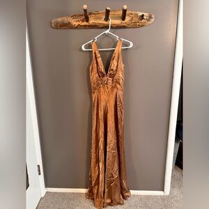 Stunning vintage, gold, satin, trumpet-style formal gown